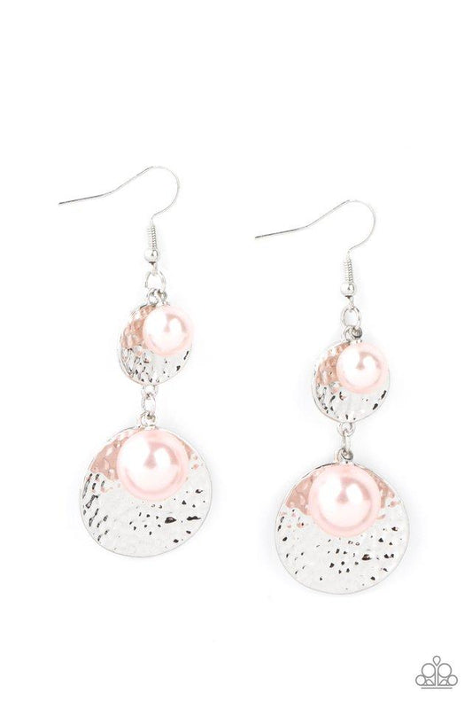 Pearl Dive - Pink Pearl/Silver Hammered Disc Paparazzi Earrings