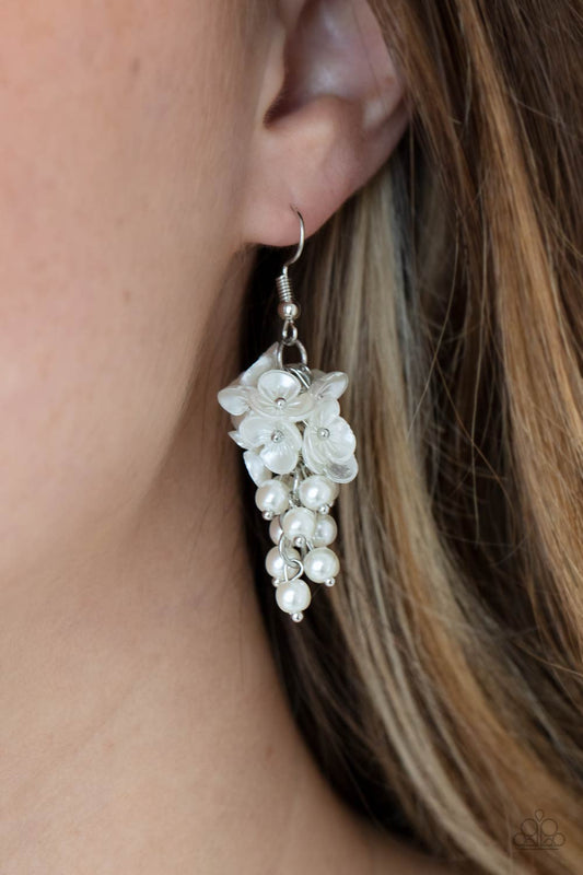 Bountiful Bouquets - White Pearl Floral Frame Paparazzi Chandelier Earrings