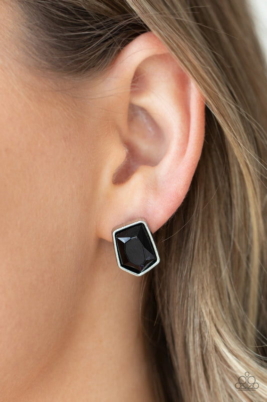 Indulge Me - Black Asymmetrical Cut Gem Paparazzi Post Earrings