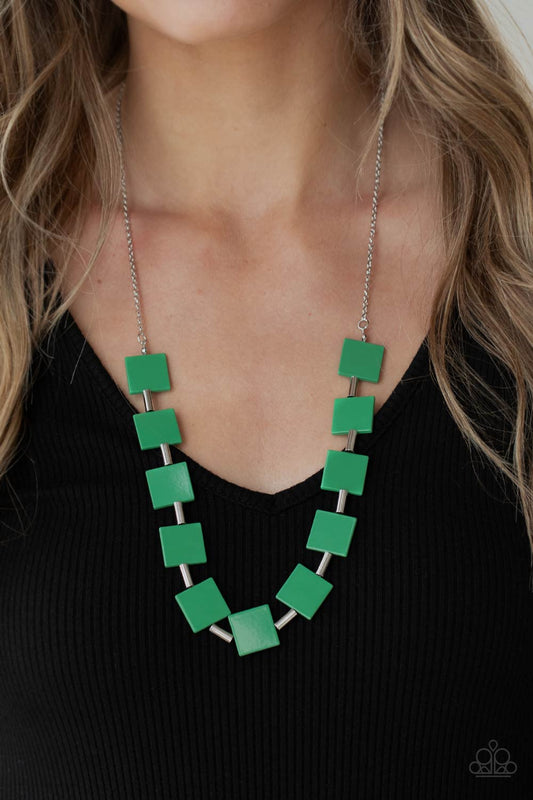 Hello, Material Girl - Green Geometric Squares Paparazzi Necklace & matching earrings
