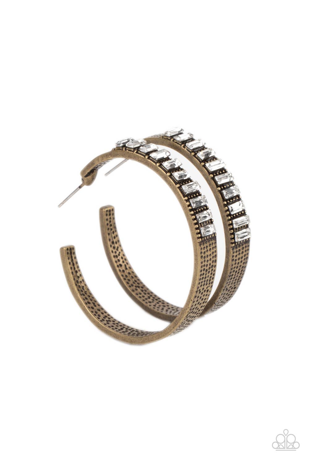 More To Love - Brass & White White Rhinestone Paparazzi Hoop Post Earrings