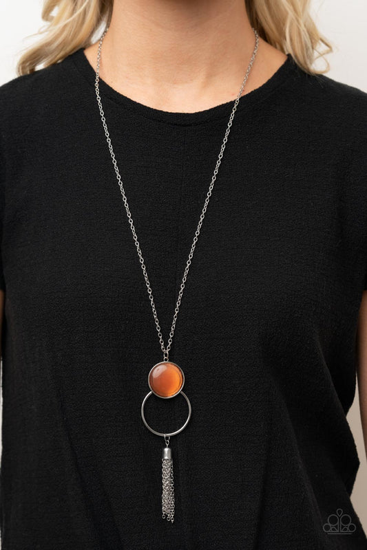 Nice To GLOW You - Orange Cat's Eye & Silver Chain Tassel Pendant Paparazzi Necklace & matching earrings