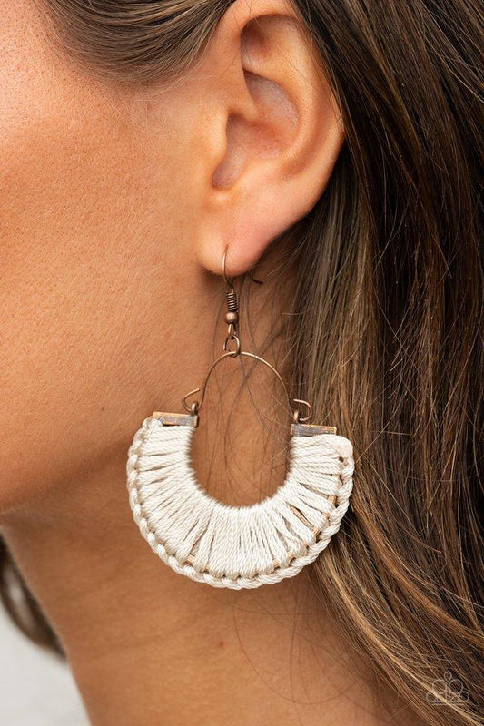 Threadbare Beauty - Copper Half-Moon Frame/Shiny Thread Paparazzi Earrings