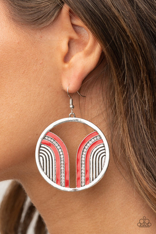 Delightfully Deco - Red Arc/White Rhinestone Paparazzi Earrings