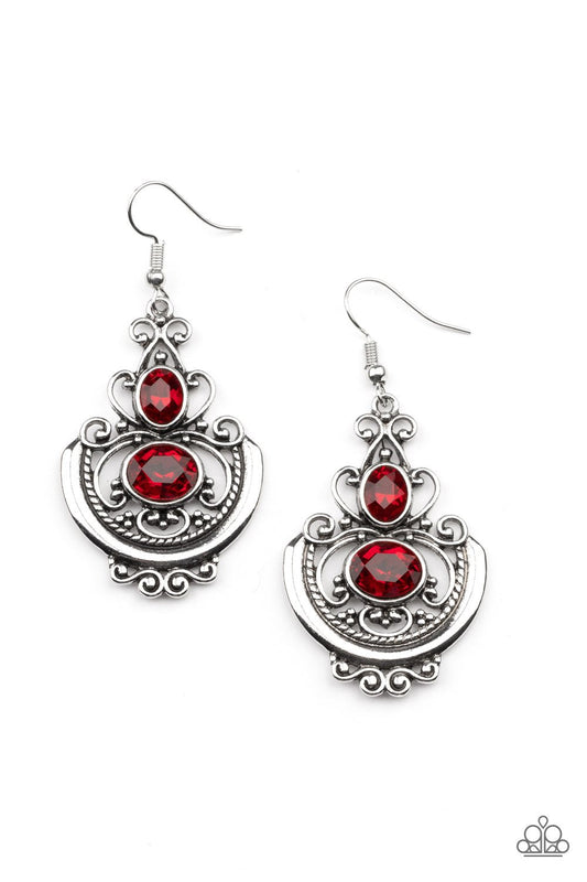 Unlimited Vacation - Red Rhinestone/Ornate Silver Frame Paparazzi Earrings