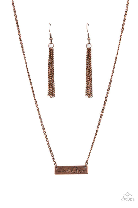Joy Of Motherhood - Copper "Mother" Stamped Plate Paparazzi Necklace & matching earrings