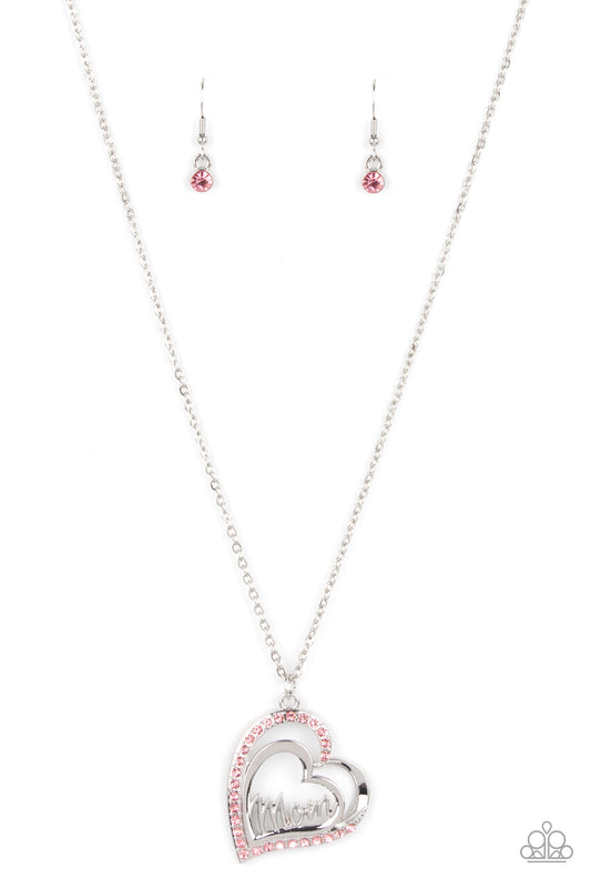 A Mothers Heart - Pink Rhinestone Encrusted "Mom" Heart Pendant Paparazzi Necklace & matching earrrings