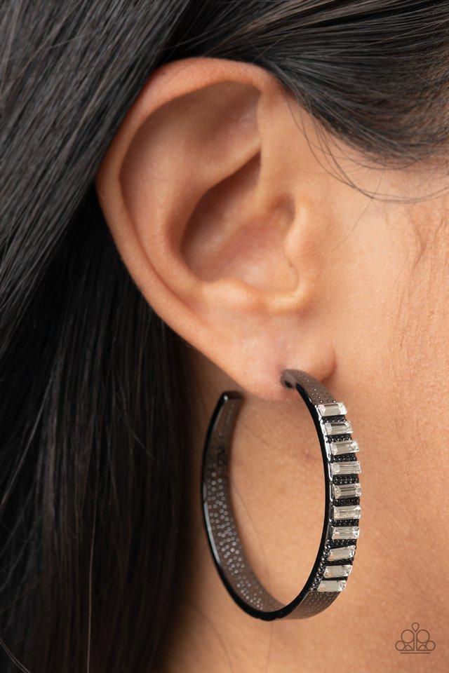 More To Love - Gunmetal Hoops/Emerald Cut White Rhinestone Paparazzi Hoop Earrings