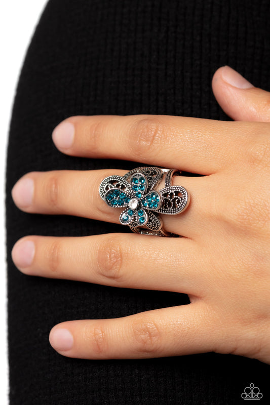 Garden Escapade - Blue & White Rhinestones/Silver Flower Paparazzi Ring