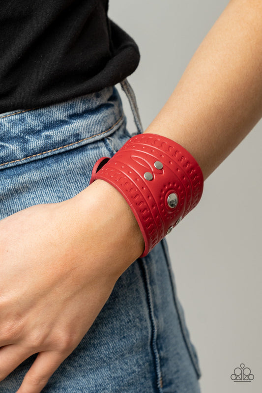 Orange County - Red Stamped Leather & Silver Studded Paparazzi Snap Bracelet