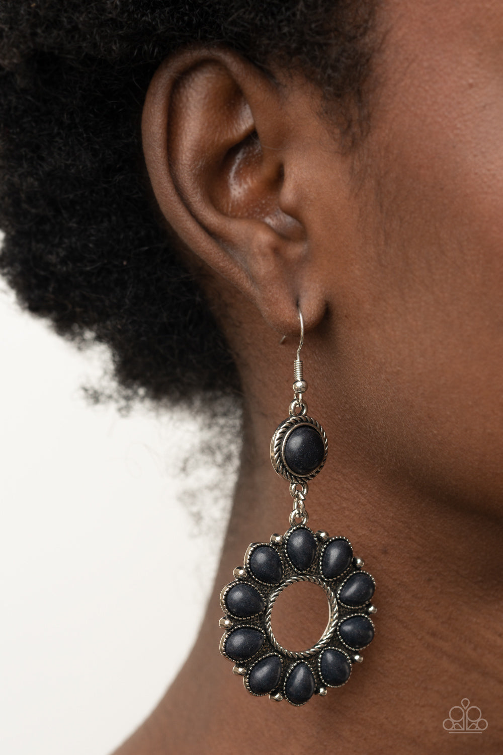 Back At The Ranch - Black Teardrop Stone & Textured Silver Ring Paparazzi Earrings