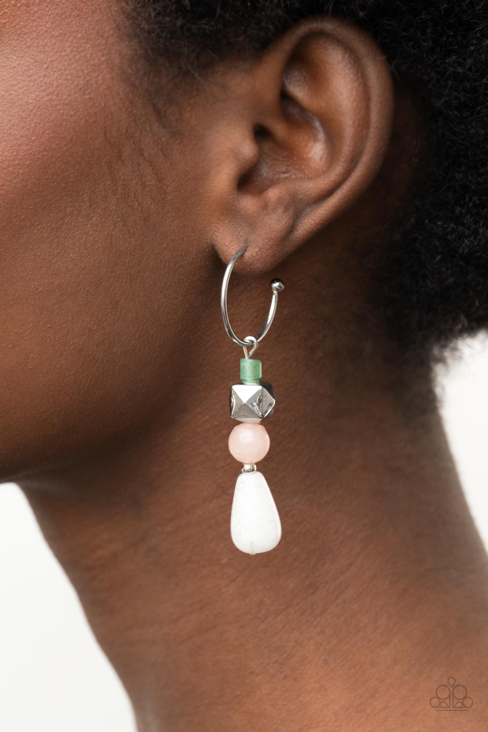 Boulevard Stroll - Multi Jade, Pink, White Stone Beaded Paparazzi Hoop Earrings