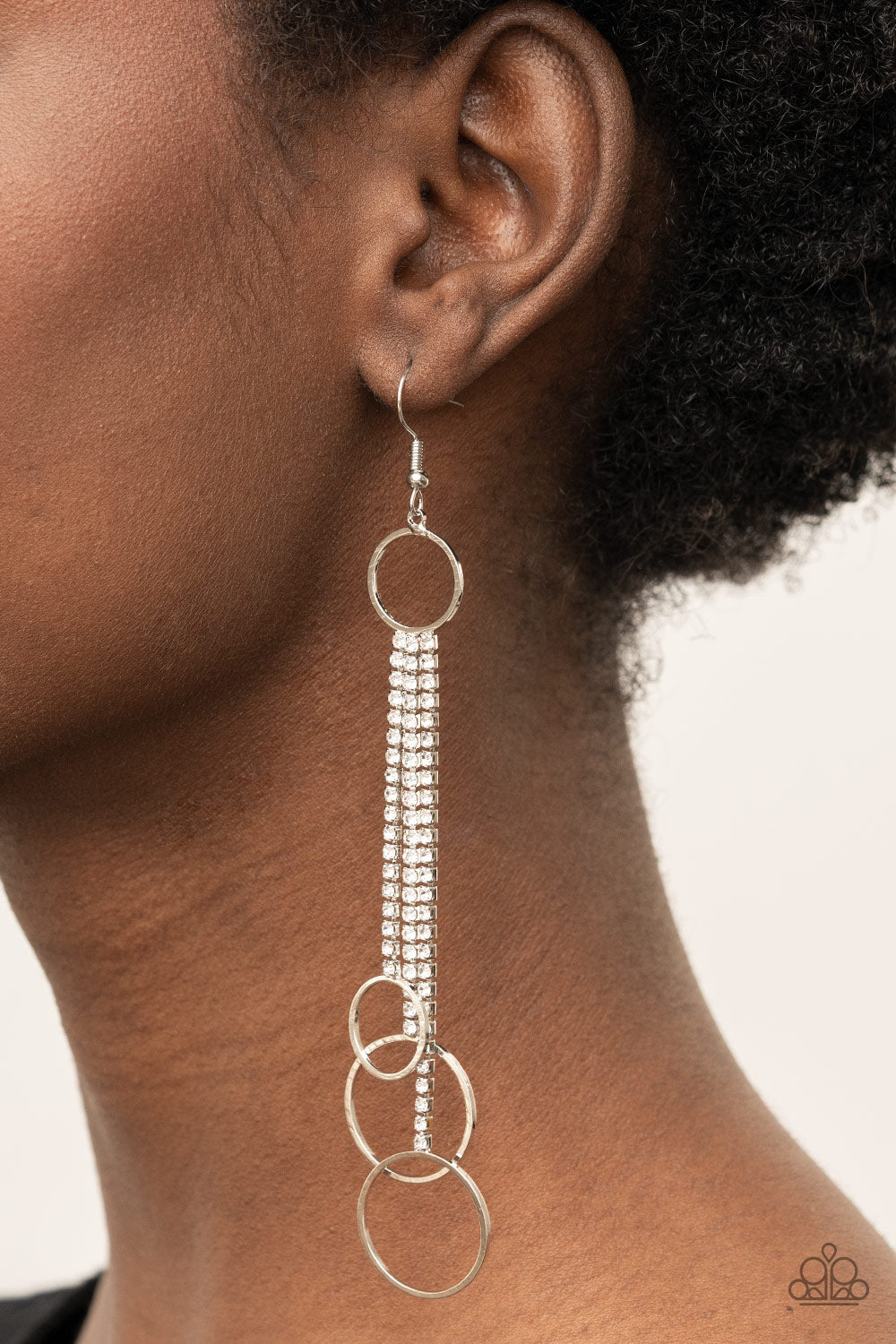 Demurely Dazzling - White Rhinestone & Dainty Silver Hoop Paparazzi Earrings