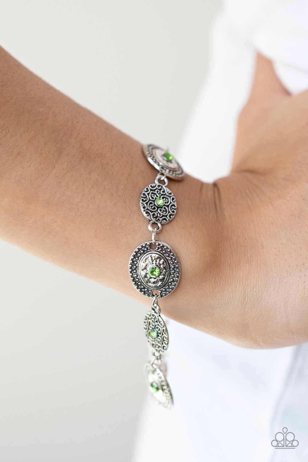 Secret Garden Glamour - Green Rhinestone Center/Engraved Siler Disc Paparazzi Adjustable Bracelet