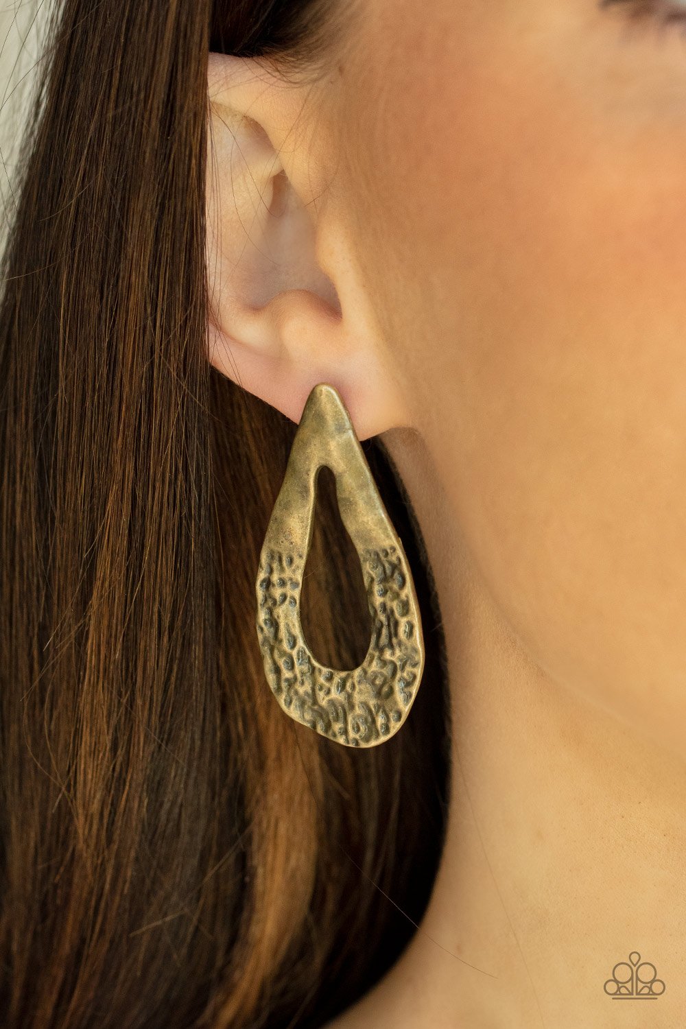 Industrial Antiquity - Brass Hammered Rustic Detail Teardrop Frame Paparazzi Post Earrings