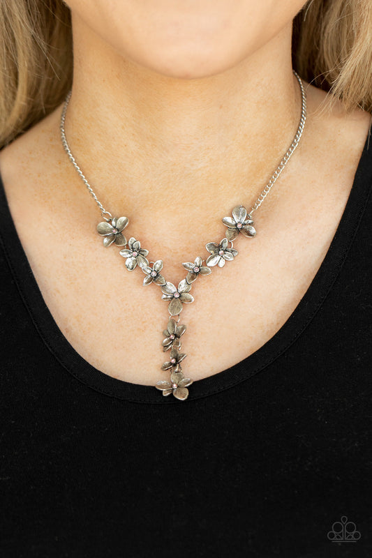 Fairytale Meadow - Pink Rhinestone & Silver Flower Extended Pendant Paparazzi Necklace & matching earrings