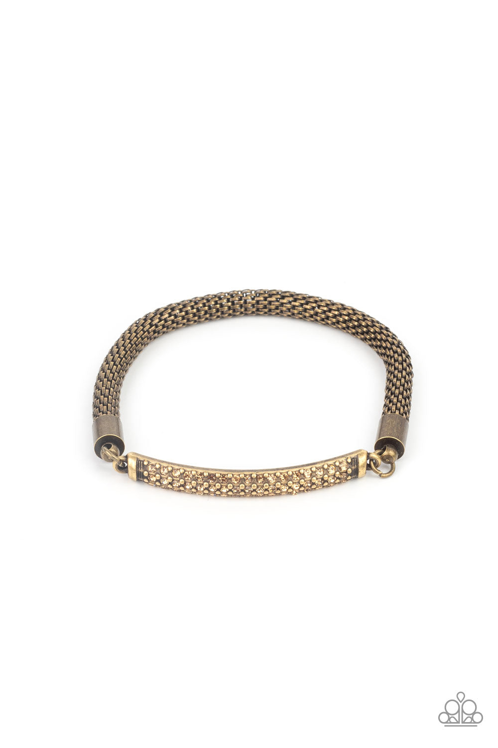 Fearlessly Unfiltered - Brass Mesh Chain & Topaz Rhinestone Plate Paparazzi Stretch Bracelet