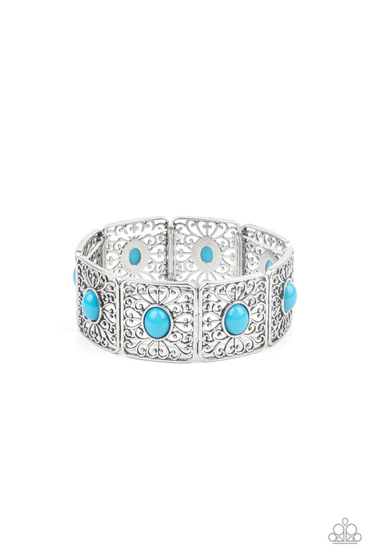 Cakewalk Dancing - Blue Oval Bead & Silver Vine-Like Filigree Paparazzi Stretch Bracelet