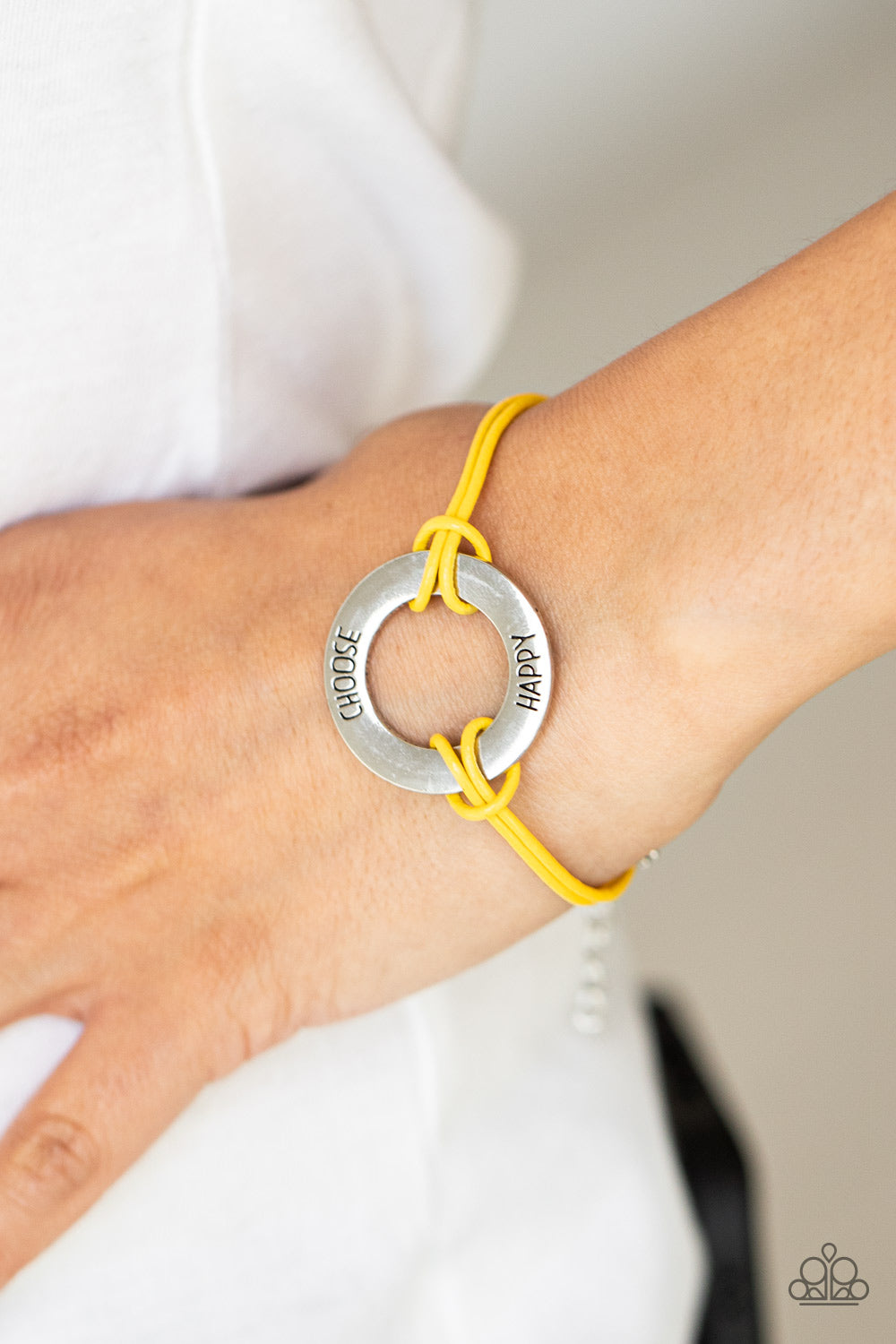 Choose Happy - Yellow Leather Cording & "Choose Happy" Silver Ring Paparazzi Adjustable Bracelet