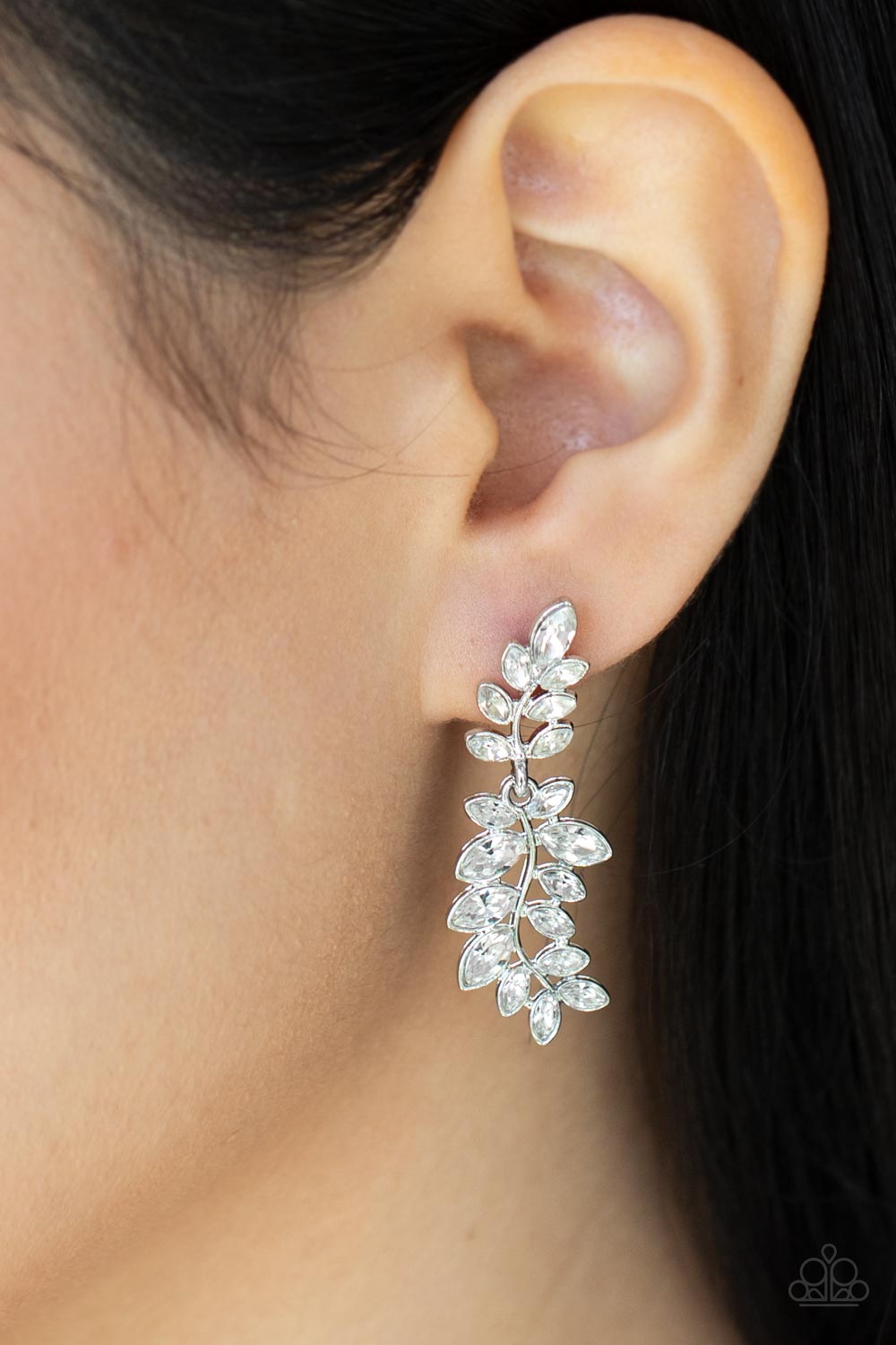 Frond Fairytale - White Rhinestone Encrusted Leafy Silver Frame Paparazzi Post Earrings