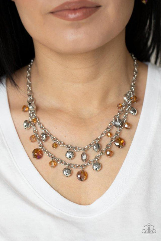Ethereally Ensconced - Brown Iridescent & Smoky Crystal-Like Beaded Paparazzi Necklace & matching earrings.