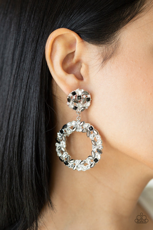 Party Ensemble - Black & White Rhinestone Wreath Paparazzi Earrings