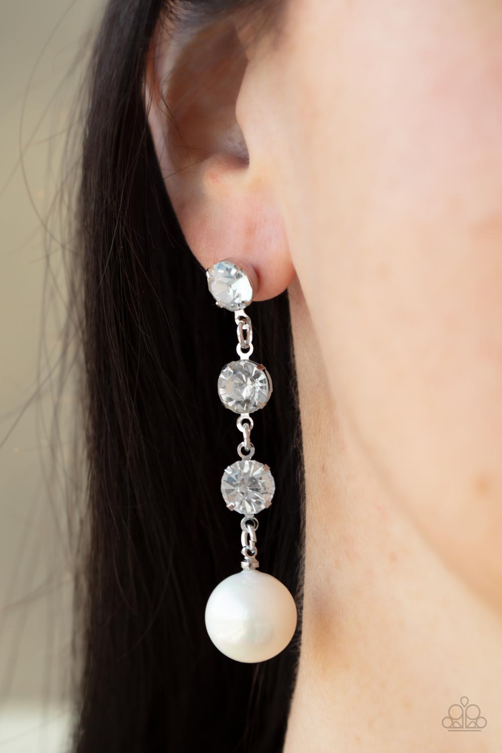 Yacht Scene - White Pearl & Rhinestone Extended Chandelier Paparazzi Earrings