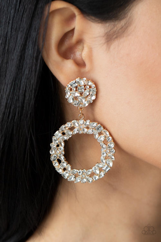 Party Ensemble - Gold & White Rhinestone Wreath Paparazzi Earrings