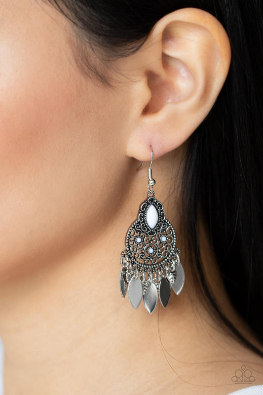 Galapagos Glamping - White Dainty Beaded Vine-Like Filigree/Flat Silver Disc Paparazzi Fringe Earrings