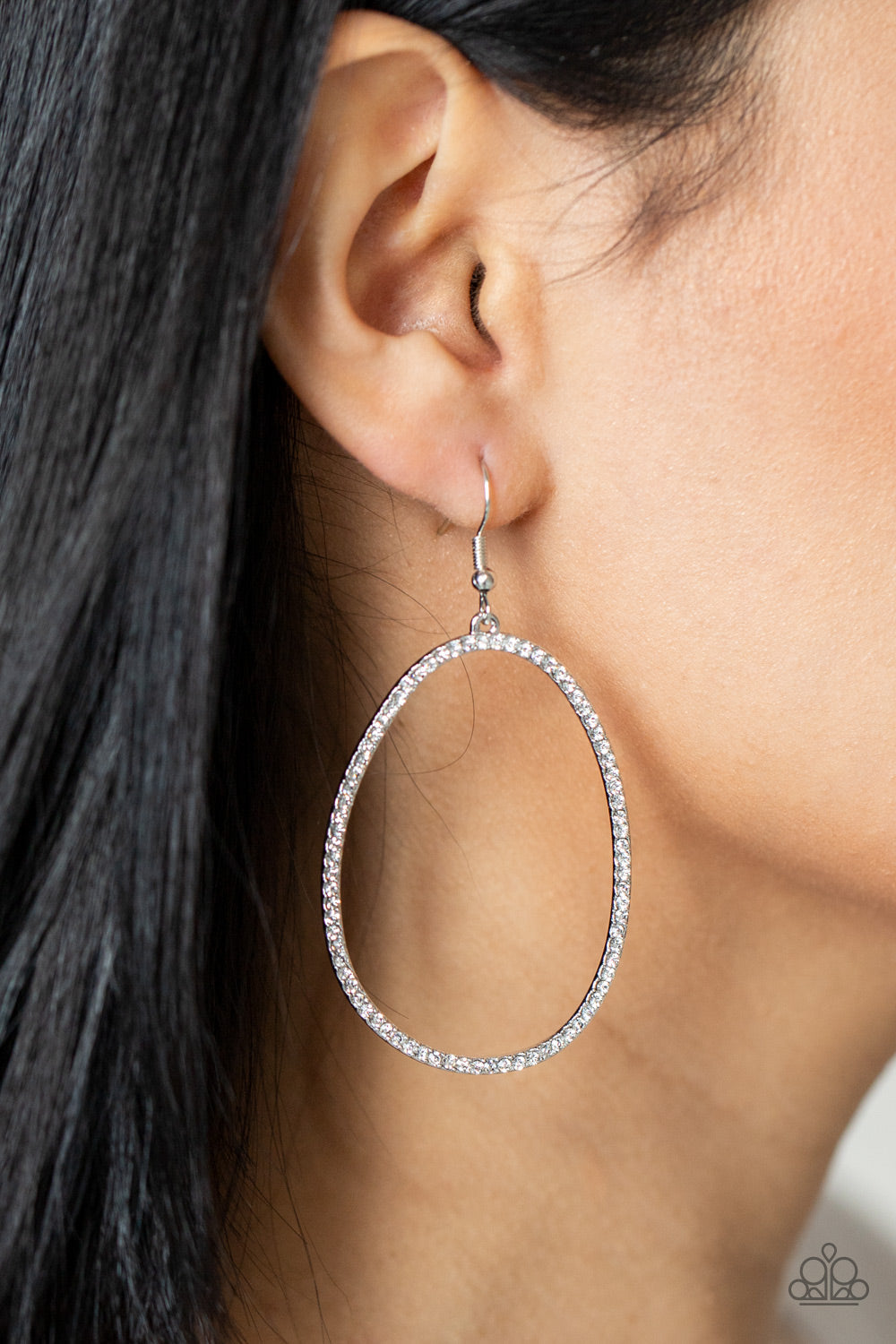 OVAL-ruled! - White Rhinestone Asymmetrical Oval Frame Paparazzi Earrings