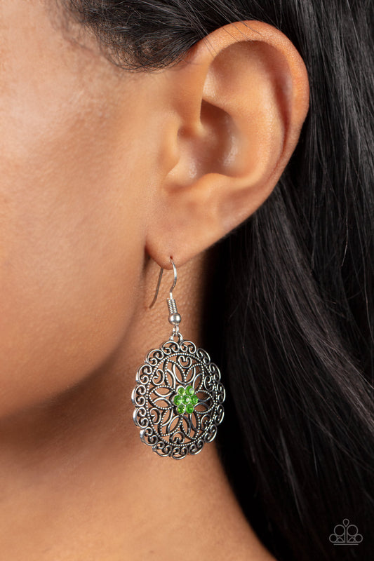 Flower Shop Sparkle - Green Rhinestone Center & Silver Filigree Flower Paparazzi Earrings