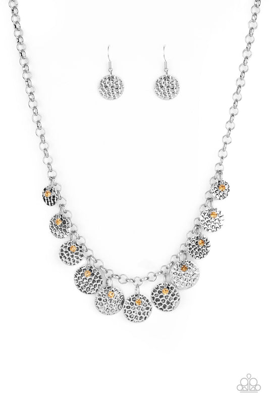 Delightfully Dappled - Brown/Topaz Rhinestones & Antiqued Silver Disc Paparazzi Necklace & matching earrings
