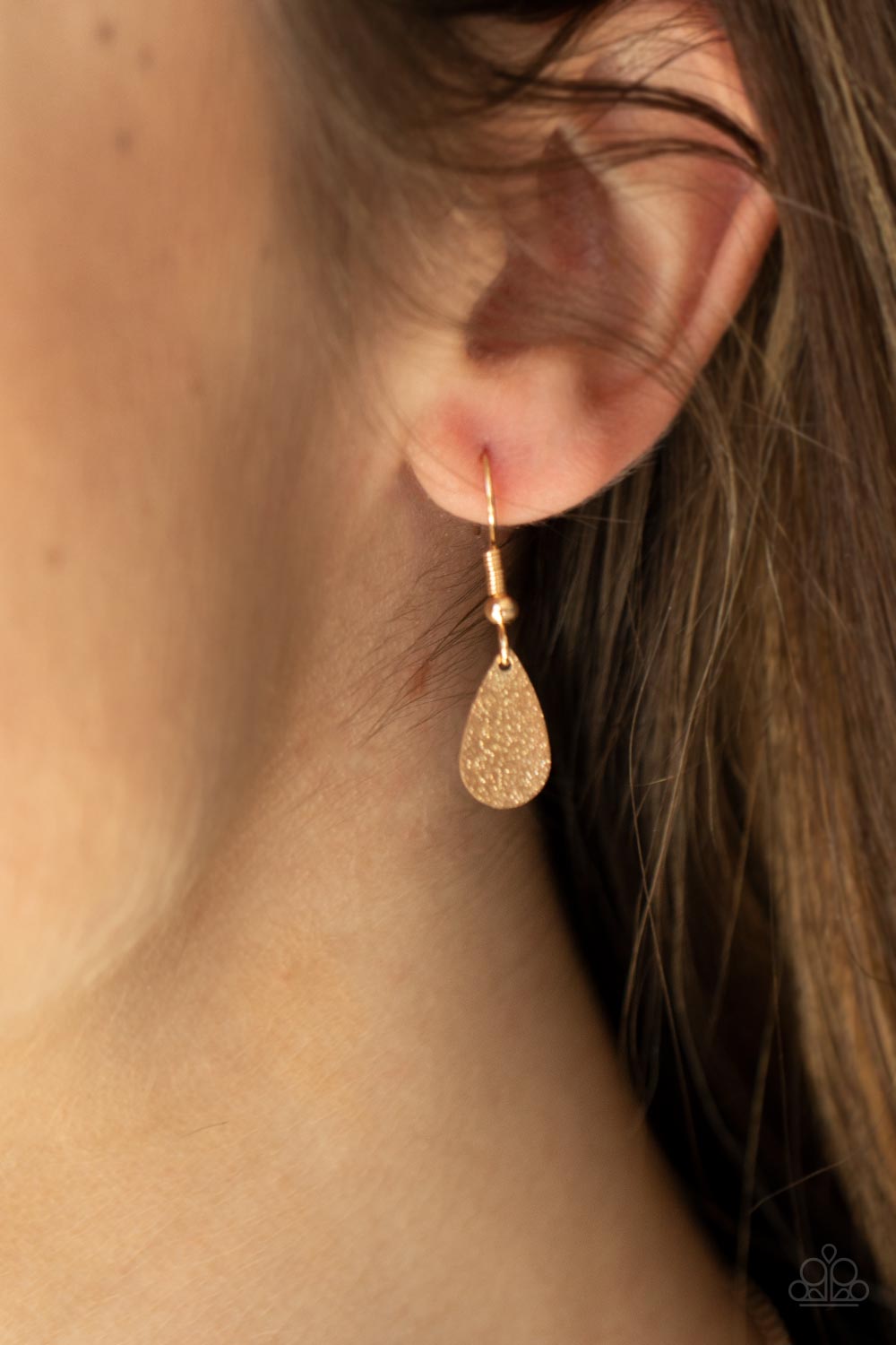 Eastern CHIME Zone - Gold Delicately Hammered Flat Gold Teardrop Fringe Paparazzi Necklace & matching earrings