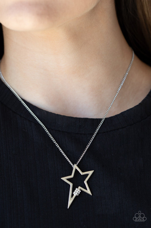 Light Up The Sky - White Rhinestone Encrusted Accent & Silver Star Pendant Paparazzi Necklace & matching earrings