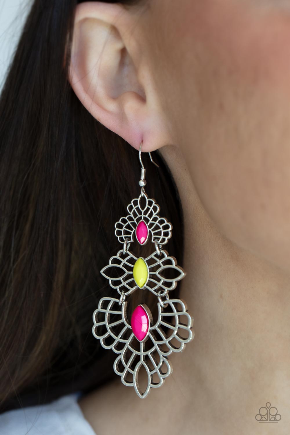 Flamboyant Frills - Multi Bead & Silver Airy Frame Paparazzi Earrings