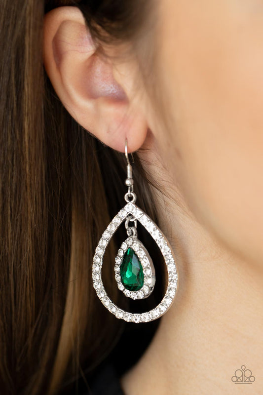 Blushing Bride - Green Teardrop Gem & White Rhinestone Paparazzi Earrings