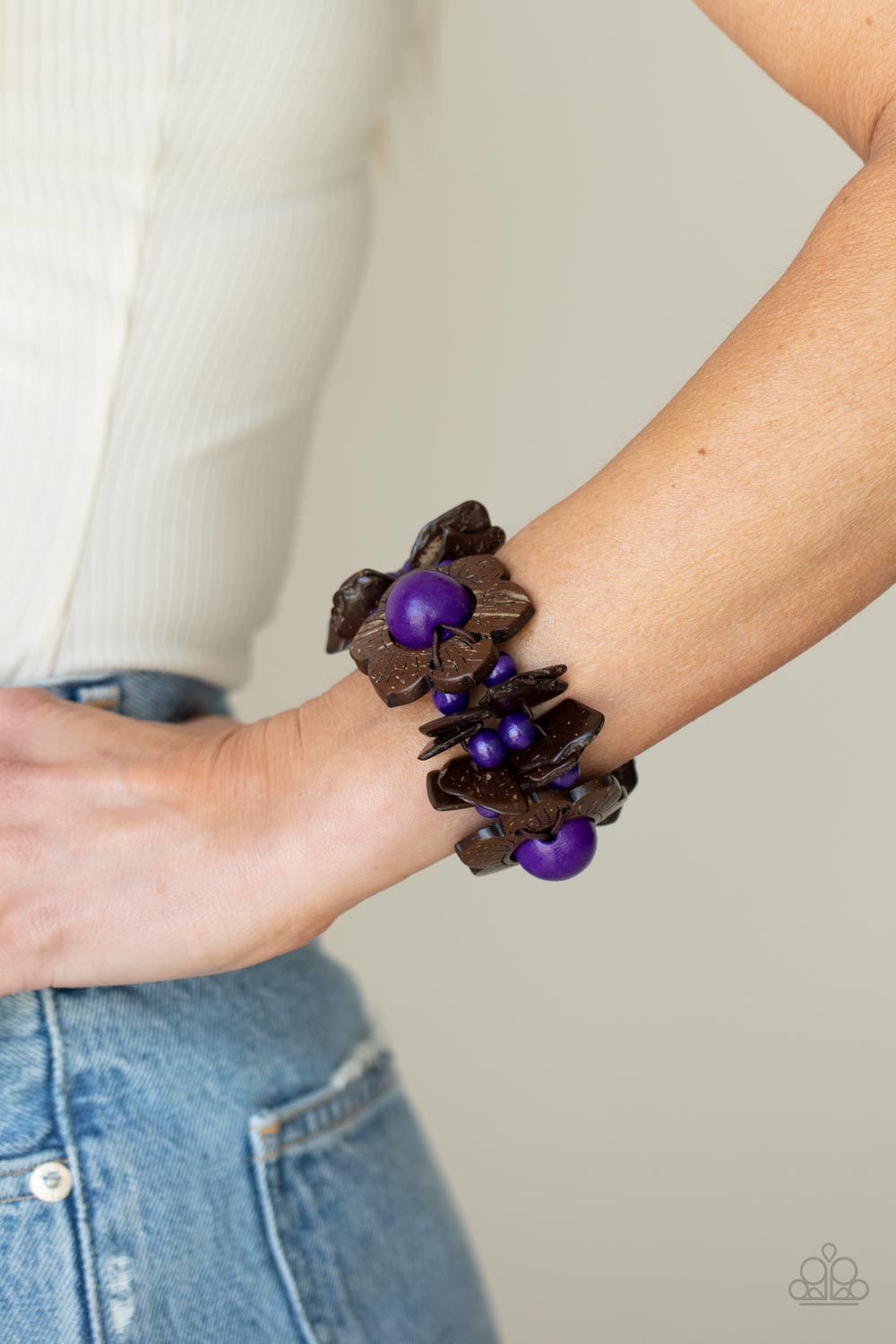 Mediterranean Mangrove - Purple & Brown Wooden Flower Paparazzi Stretch Bracelet