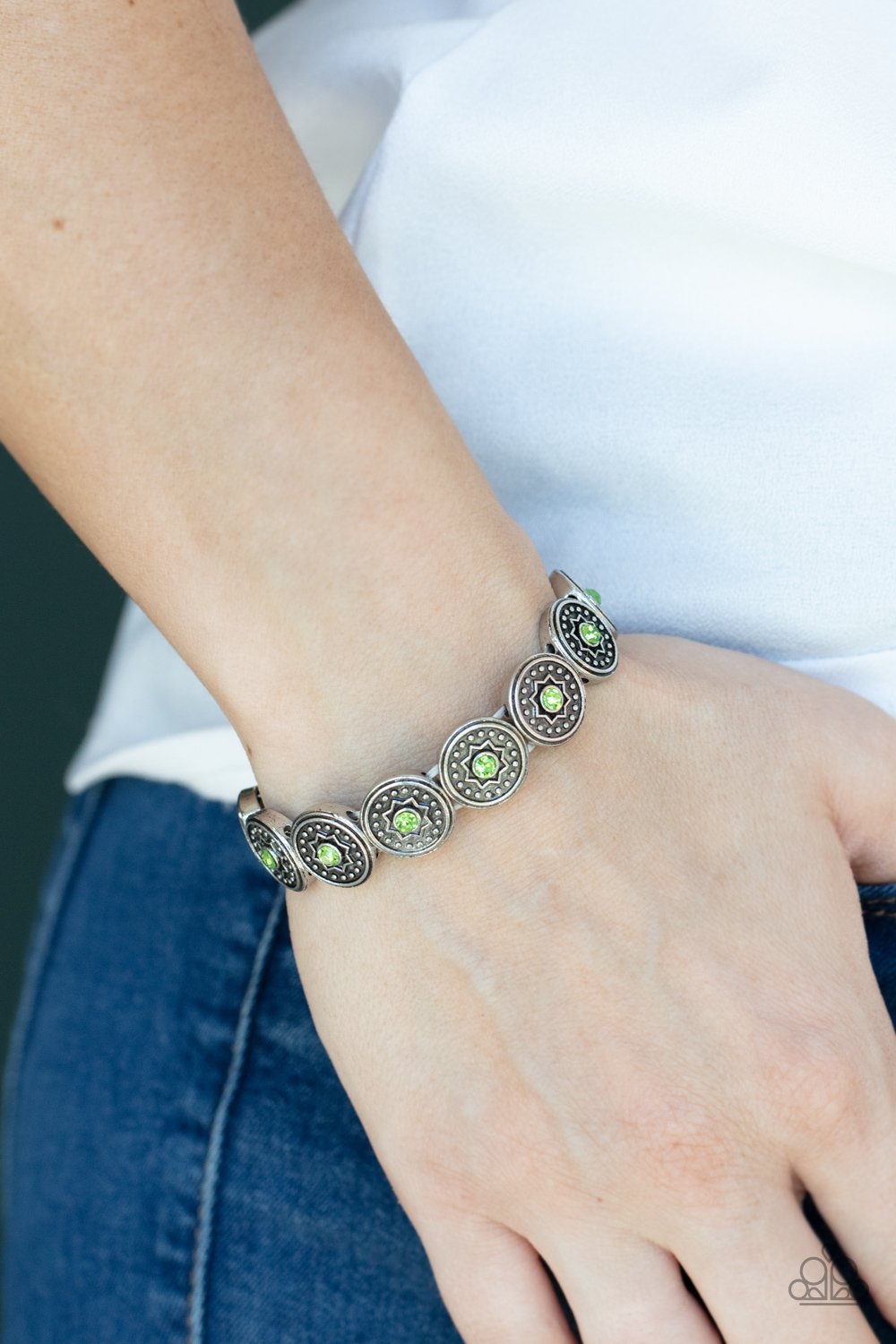 Colorfully Celestial - Green Rhinestones/Star Embossed Silver Frame Paparazzi Stretch Bracelet