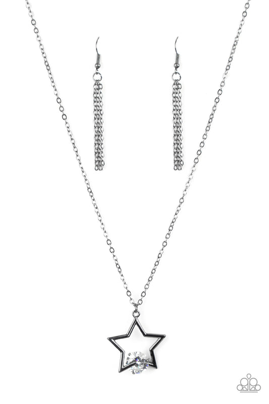 Starry Fireworks - Gunmetal Star/Oversized White Gem Pendant Paparazzi Necklace & matching earrings