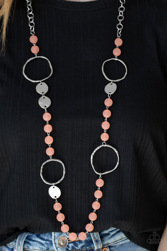 Sea Glass Wanderer - Orange Burnt Coral Beads, Oversized Rings & Hammered Silver Disc Paparazzi Necklace & matching earrings