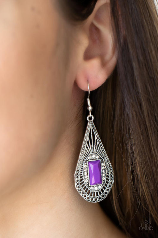 Deco Dreaming - Purple Baguette-Cut Beaded Deco Filigree Paparazzi Earrings