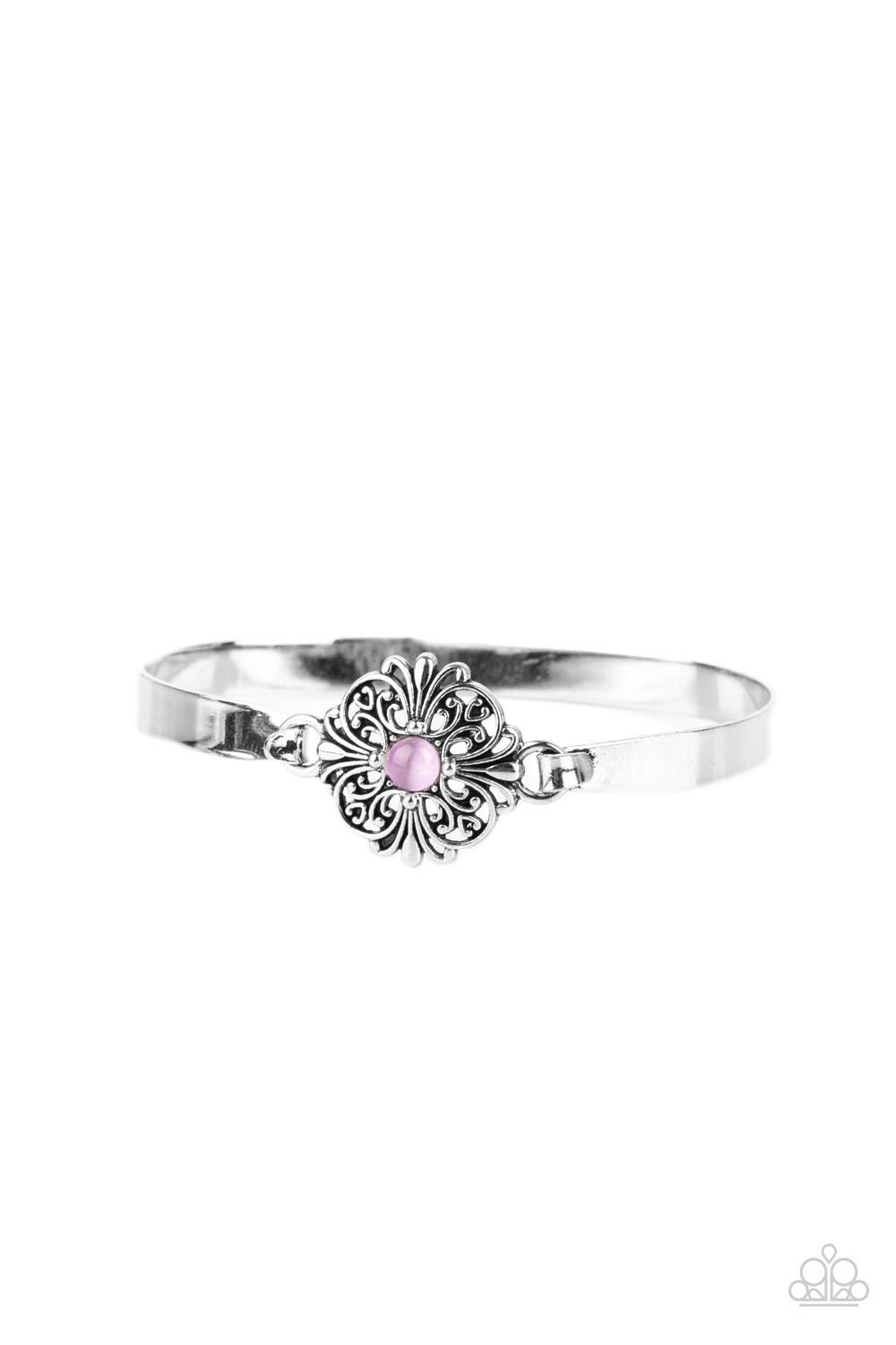 Whimsically Welcoming - Purple Cat's Eye Stone & Sliver Floral Filigree Paparazzi Bangle Bracelet