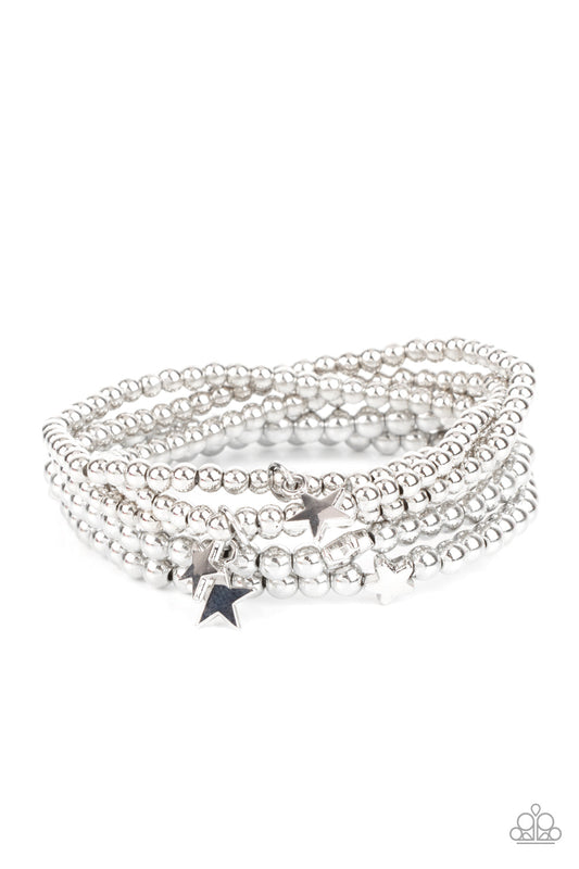 American All-Star - Silver Bead & Silver Star Charm Paparazzi Stretch Bracelet
