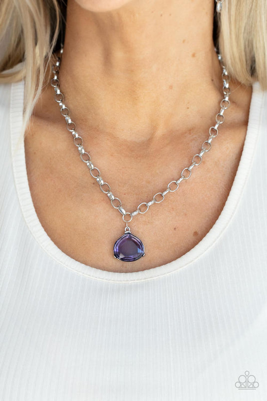 Gallery Gem - Purple Oversized Gem Pendant & Chunky Silver Chain Paparazzi Necklace & matching earrings
