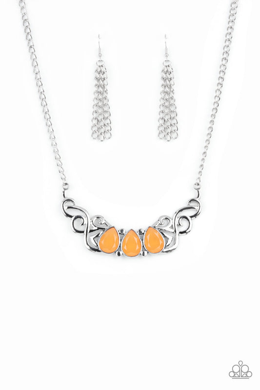 Heavenly Happenstance - Orange Opaque Teardrop Beaded Vine-Like Filigree Necklace & matching earrings