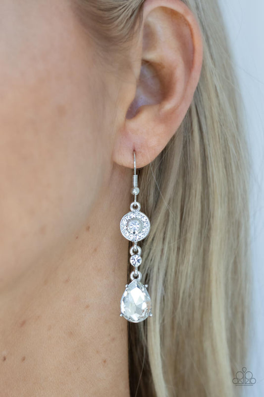 Graceful Glimmer - White Rhinestones & White Teardrop Gem Paparazzi Earrings