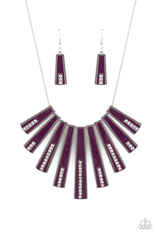 FAN-tastically Deco - Purple Flared Bars & White Rhinestone Paparazzi Necklace & matching earrings