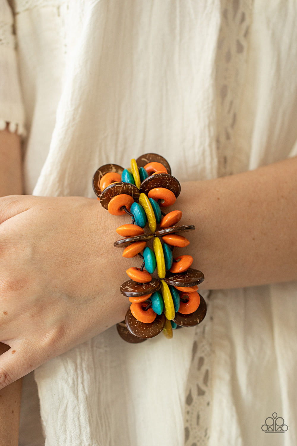Caribbean Canopy - Multi Brown, Orange, Yellow, & Turquoise Wooden Disc Shaped Beaded Paparazzi Stretch Bracelet