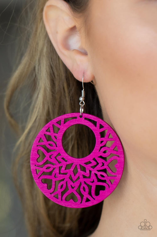 Tropical Reef - Pink Hart Motif Airy Wooden Paparazzi Earrings