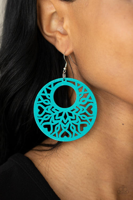 Tropical Reef - Blue Wooden Airy Cut-Out Heart Motif Paparazzi Earrings